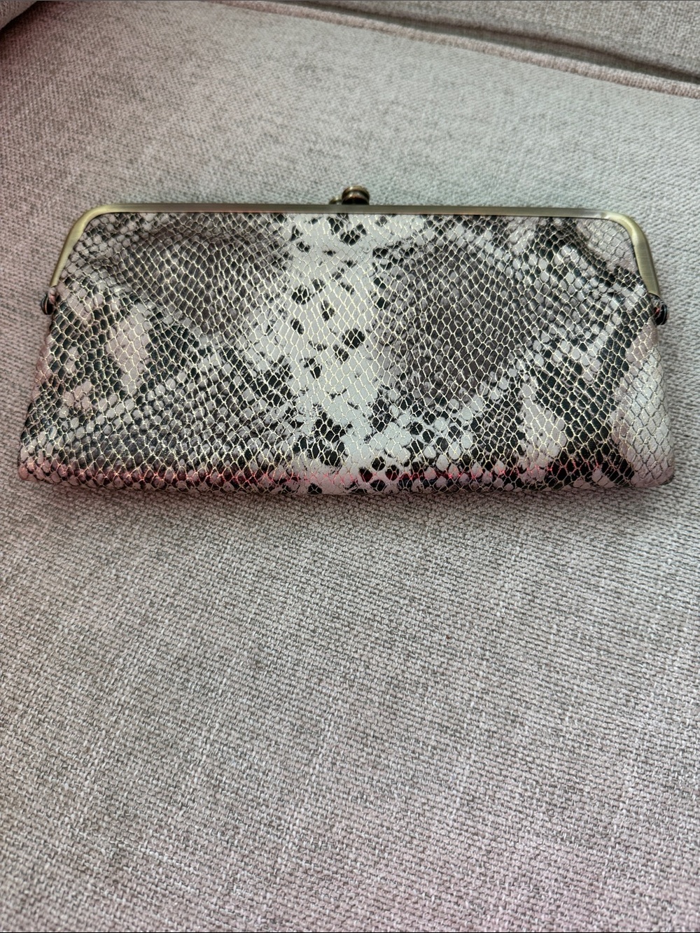 HOBO Snake-Print Clutch in Black and White with Gold Frame